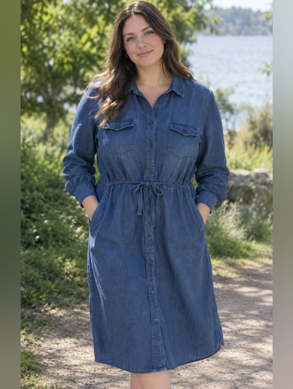 CJ Banks Denim Chambray Utility Midi Shirt Dress with Drawstring Waist Size 22